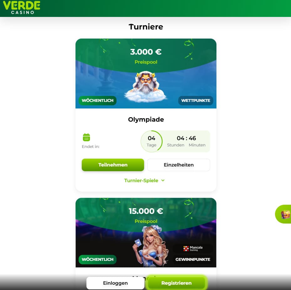 Benutzeroberfläche der Verde Casino Mobile App